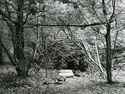 Shelter in woods with (of all things) cushions