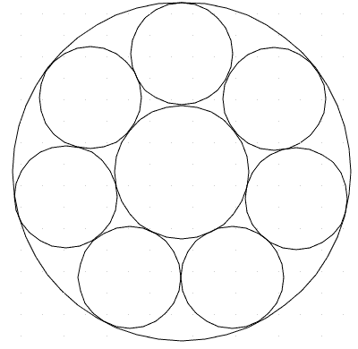 Set of 7 small circles within a pair of concentric circles
