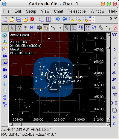 Very small Sky Map window showing M45 and Sky2000 field stars