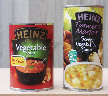 Two 400g soup tins, one on the right tall and slim, the other on the left shorter and wider