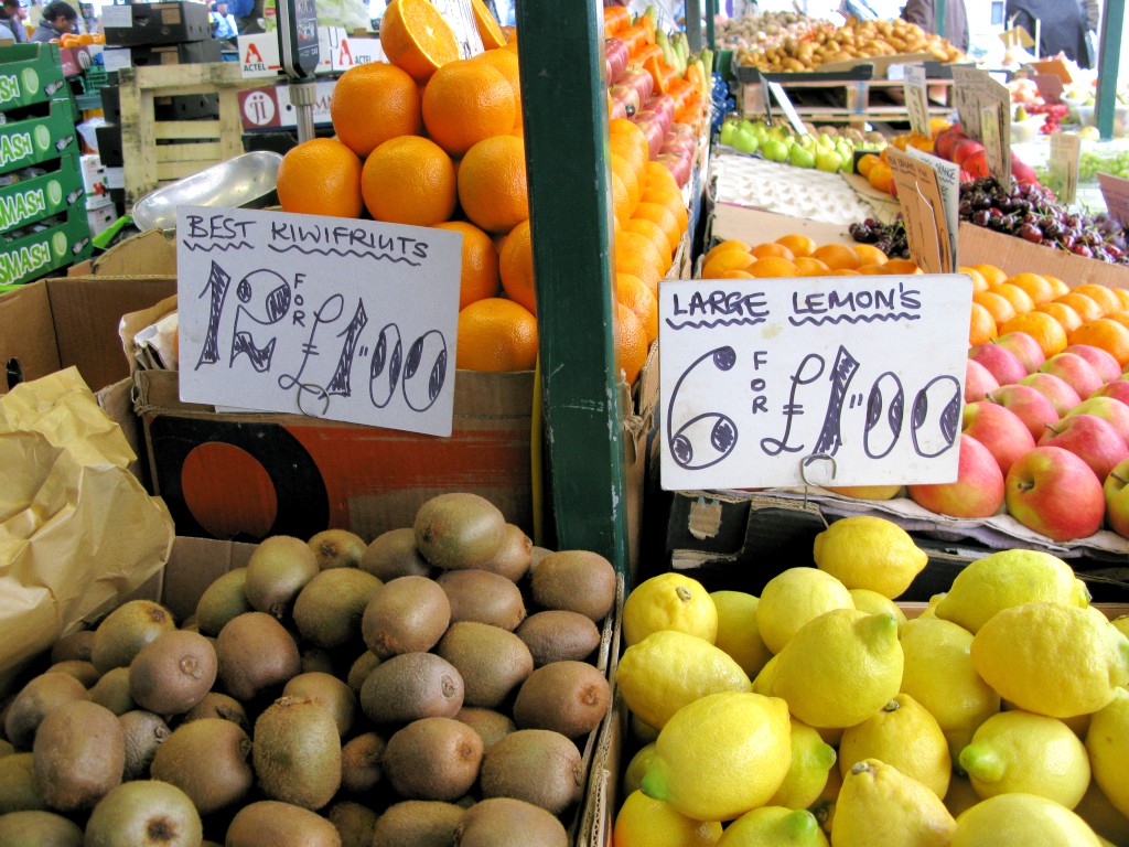 kiwi fruit 12 for a pound sterling and lemons 6 for a pound sterling
