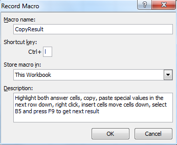 Screen grab from MS Excel 2010 showing the macro record dialogue box