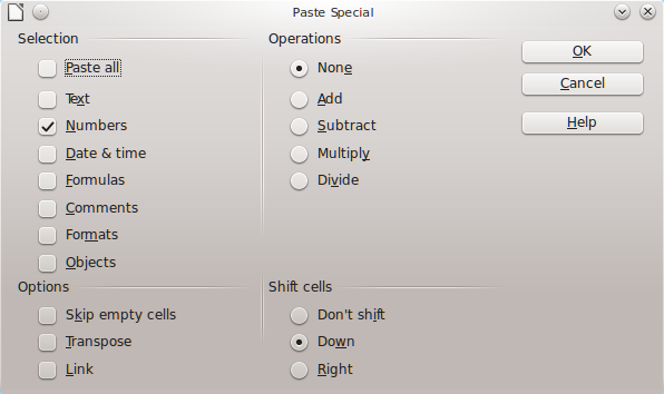 Screen grab from LibreOffice Calc showing the Paste Special selection dialogue box set so that only values are copied and cells below the pasted region are shifted down