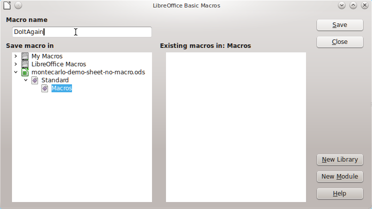 Screen grab from LibreOffice Calc showing the Save Macro dialogue box