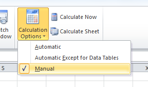 Screen grab from MS Excel 2010 showing how to switch automatic calculation off