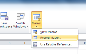 Screen grab from MS Excel 2010 showing the record macro menu