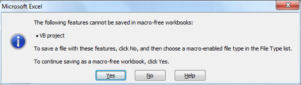 Screen grab from MS Excel 2010 showing the warning when you save a workbook that has had a macro recorded in it.