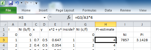 Screen grab from MS Excel 2010 showing the estimate for PI in cell H3