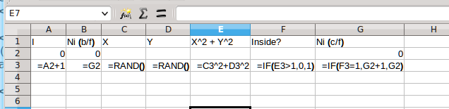 screen grab showing the first three lines of the montecarlo spreadsheet including the third row with formulas that can be replicated down to increase the accuracy of the estimate