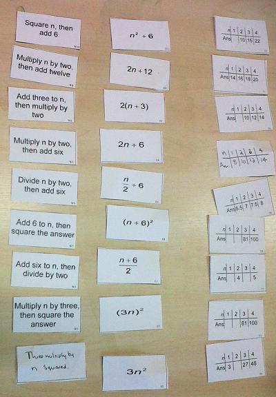 card sorting formulas tables and words from TES