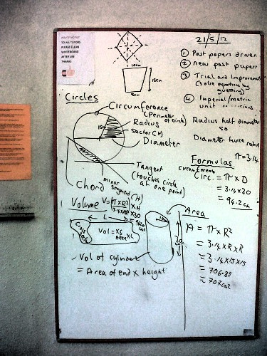 Whiteboard showing summary of lesson with material on circles, prisms and cylinders