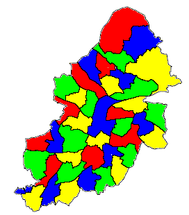 Birmingham Wards coloured in using 4 colours. There might be a more pleasing distribution of the colours.