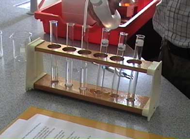 Frame from video showing adding a reagent to a test tube