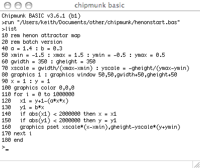 Chipmunk basic listing for the Henon attractor