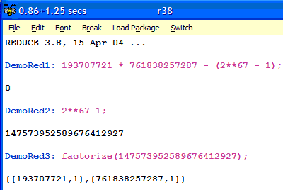 Demo version of reduce showing prime factorisation of a Mersene prime with 20 digits