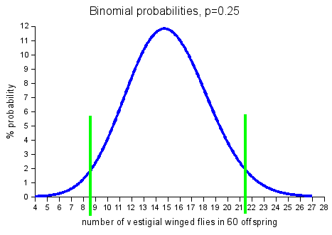 plot of binomial probabilities for various numbers of vestigial winged flies (p=0.25) in 60 offspring