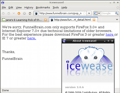 FunnelBrain site only accepts MSIE7 or Firefox 3 and mis-identifies iceweasel