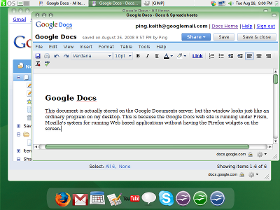 gOS showing Google Docs running in a Prism window