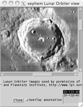 Lunar orbiter of crater in xephem viewer