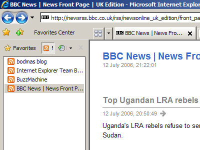 MS Internet Explorer 7 with Favorites Center open showing RSS feeds