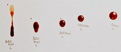 Simulated blood stains dropped onto art paper under controlled conditions