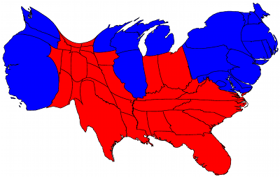 US election results map with areas proportional to populations in 2004