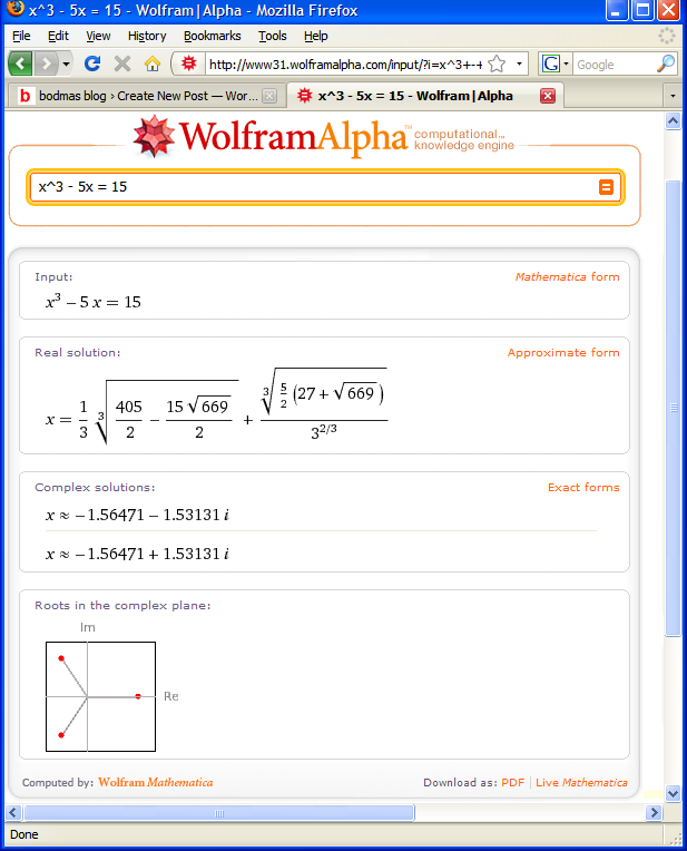 Wolfram Alpha solving a cubic equation