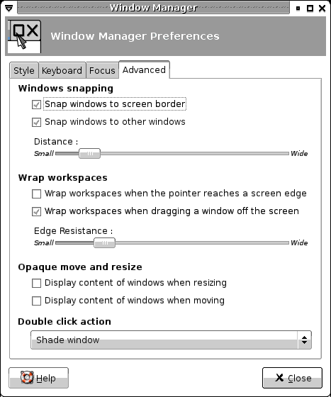 XFCE4 Window Manager settings dialog box showing the advanced tab